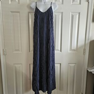 Old Navy Dress M Midi Spaghetti Strap Blue Stripe Relaxed Lagenlook Beachy Boho